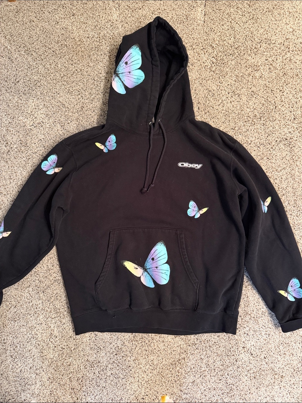 Obey Black Hoodie with Pastel Butterfly Prints